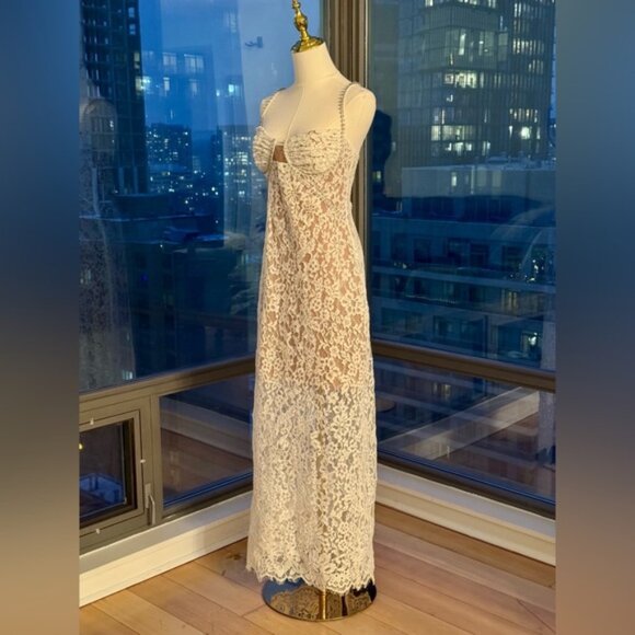 🆕 SELF-PORTRAIT 🧿 NWOT Crystal Trimmed White Fine Lace Maxi Dress, Sz US8 UK12 - Picture 5 of 16